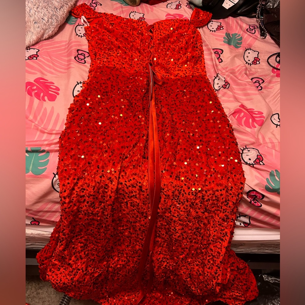Red formal sequin dress. Off the shoulder. Long. Size 10